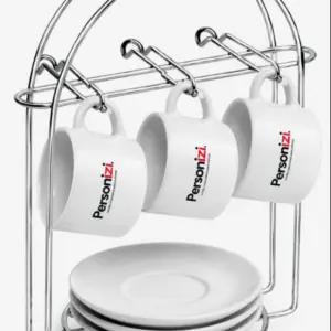 KIT Suporte Organizador com 6 Ganchos + Xícaras e Pires Prateado | Personalizado com Logo | Personizi