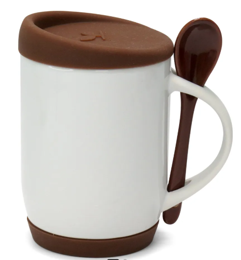 Caneca de Cerâmica Branca com Colher e Tampa de Silicone 325ml Personalizada Marrom | Personalizado com Logo | Personizi