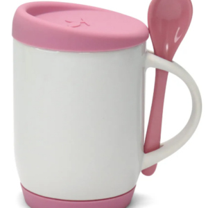 Caneca de Cerâmica Branca com Colher e Tampa de Silicone 325ml Personalizada Rosa | Personalizado com Logo | Personizi
