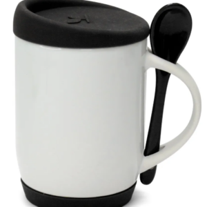 Caneca de Cerâmica Branca com Colher e Tampa de Silicone 325ml Personalizada Preto | Personalizado com Logo | Personizi