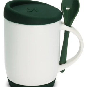 Caneca de Cerâmica Branca com Colher e Tampa de Silicone 325ml Personalizada Verde | Personalizado com Logo | Personizi