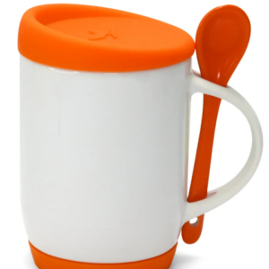 Caneca de Cerâmica Branca com Colher e Tampa de Silicone 325ml Personalizada Laranja | Personalizado com Logo | Personizi