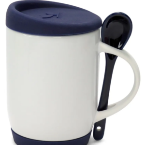 Caneca de Cerâmica Branca com Colher e Tampa de Silicone 325ml Personalizada Azul Marinho | Personalizado com Logo | Personizi