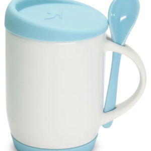 Caneca de Cerâmica Branca com Colher e Tampa de Silicone 325ml Personalizada Azul Claro | Personalizado com Logo | Personizi
