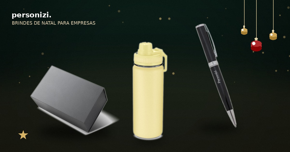 Brindes de Natal personalizados para empresas: garrafa térmica, caneta e caixa de presente com decoração natalina dourada