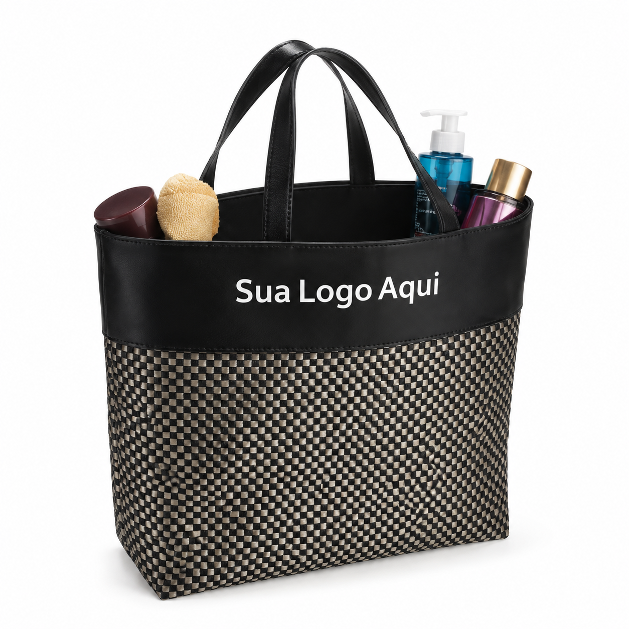 Sacola em PVC e Material Sintético Premium Preto/Xadrez 48X33X13CM Personalizada Preto | Personalizado com Logo | Personizi