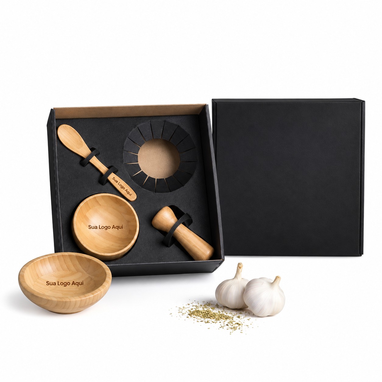 Kit Cumbuca e Amassador de Temperos 4 Pçs 12x12cm Personalizado Única | Personalizado com Logo | Personizi