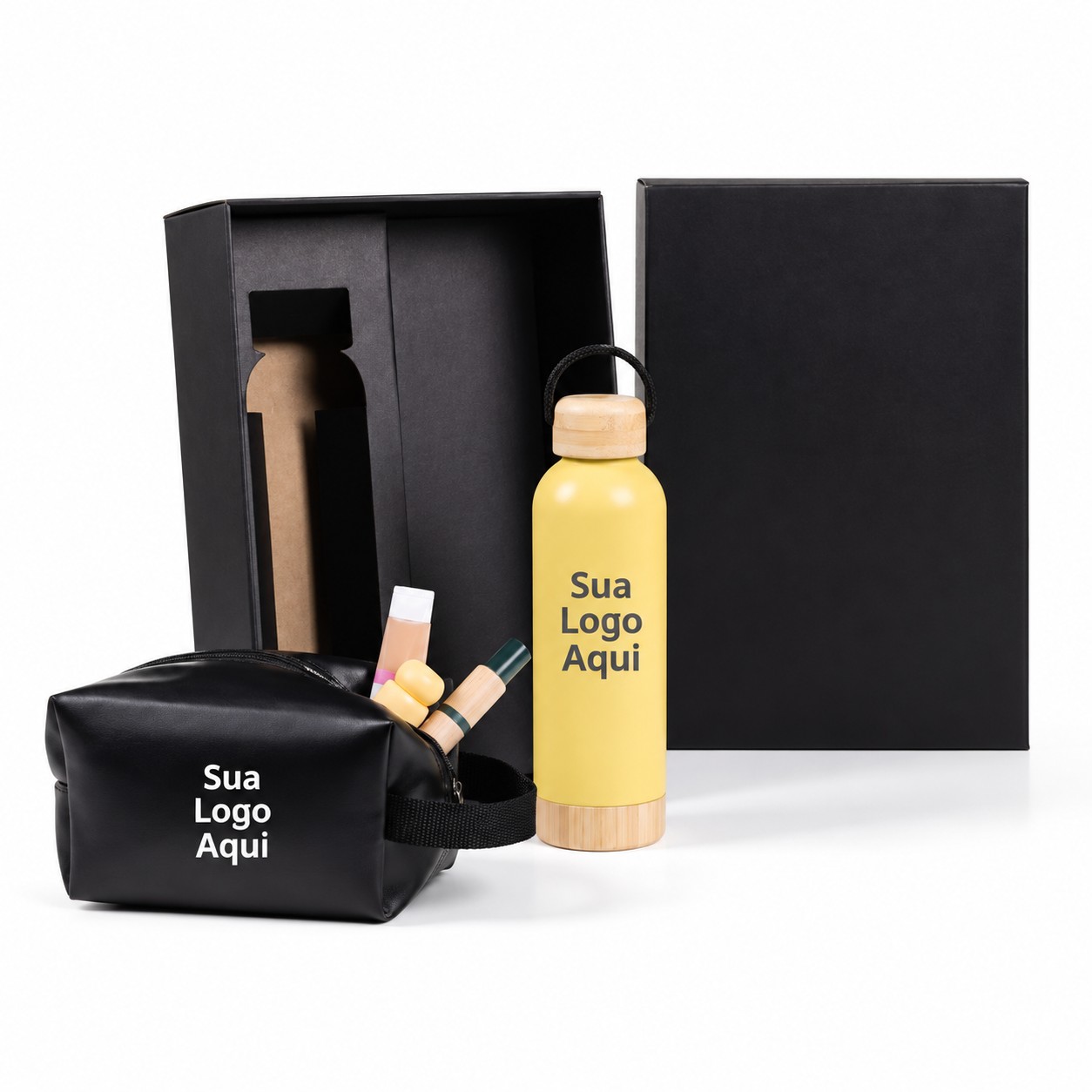 Kit Garrafa e Necessaire Amarelo/Preto 2 Pçs Personalizada Única | Personalizado com Logo | Personizi
