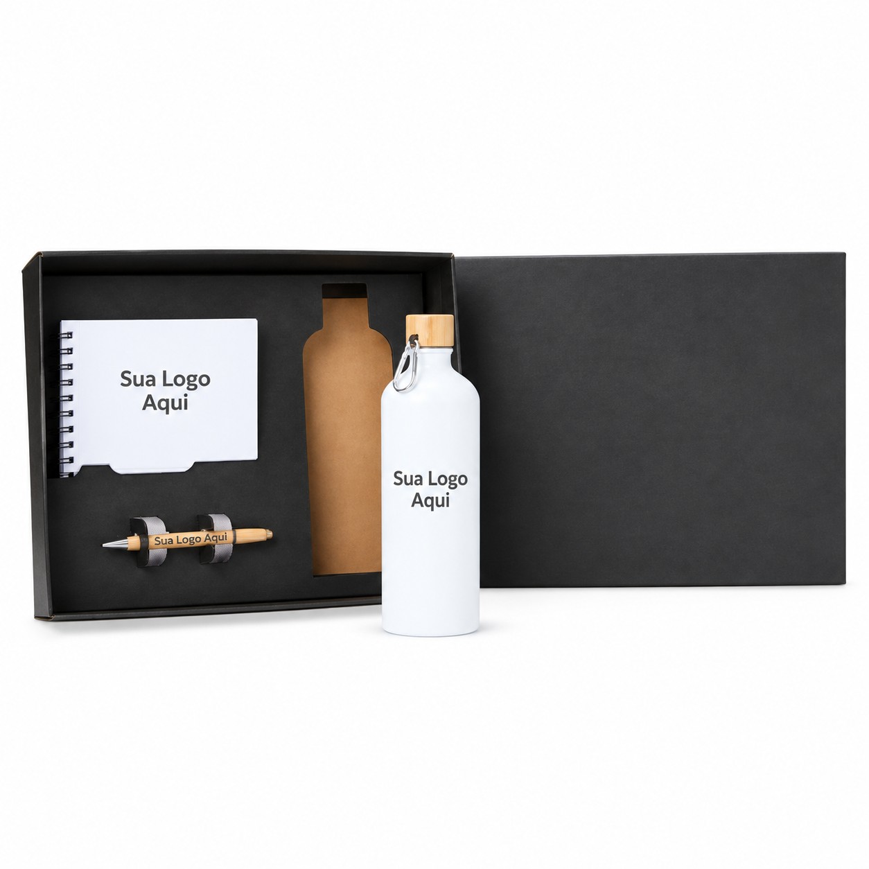Kit Garrafa, Caderno e Caneta 3 Pçs Personalizada Única | Personalizado com Logo | Personizi