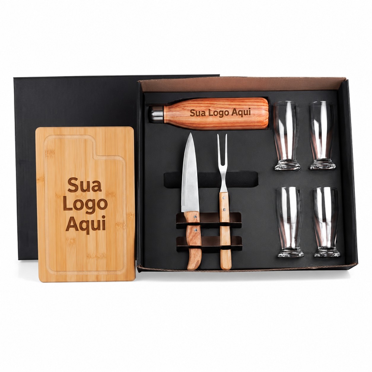 Conj. para Churrasco c/ Copos e Garrafa 8 Peças Personalizada Única | Personalizado com Logo | Personizi