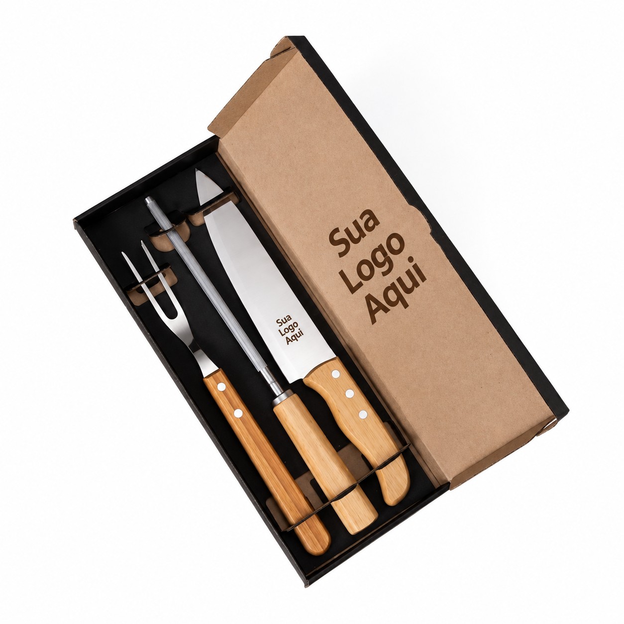 Kit com Faca 8", Chaira e Garfo 3 Pçs Personalizado Única | Personalizado com Logo | Personizi