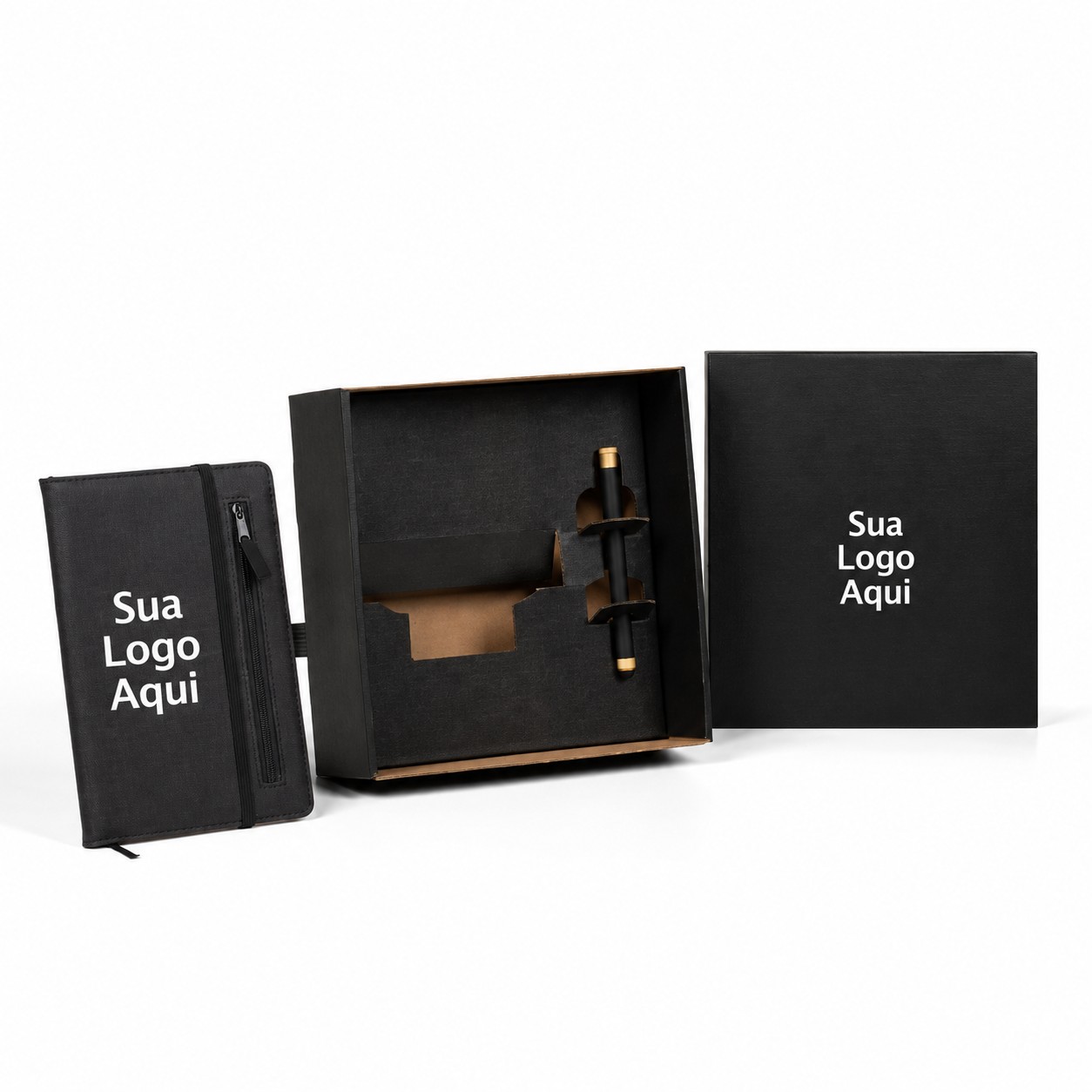 Caderno p/ Anotações com Caneta 21x14cm Personalizada Preto | Personalizado com Logo | Personizi