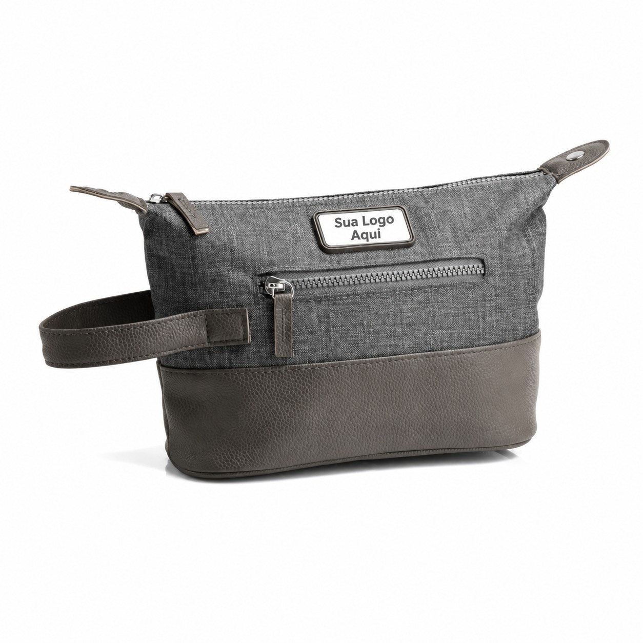 Necessaire em Poliester 300D com Detalhes em Couro 37x17cm Personalizada Cinza | Personalizado com Logo | Personizi
