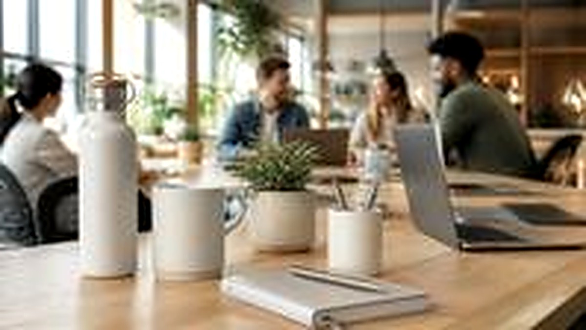 Garrafa, caneca e caderno personalizados sobre mesa compartilhada de coworking, com pessoas trabalhando ao fundo