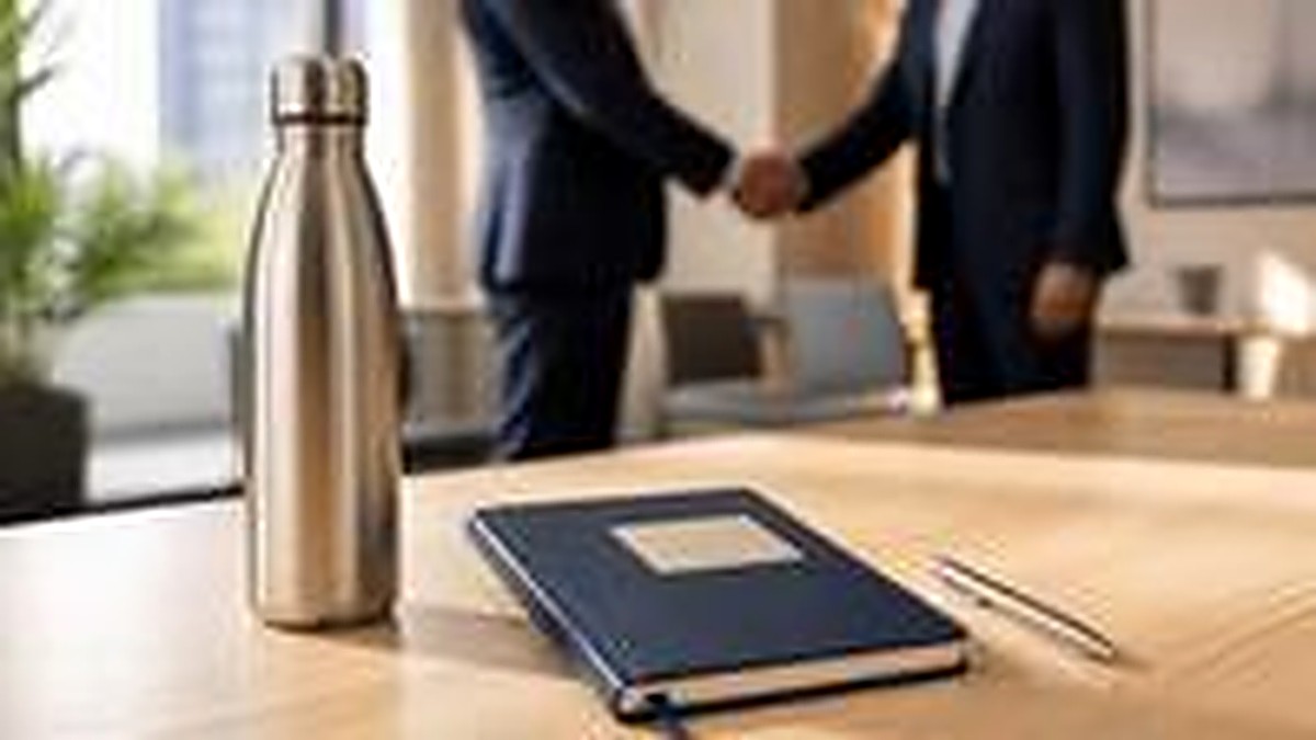 Garrafa e caderno personalizados sobre mesa de madeira com dois executivos apertando as mãos ao fundo, representando brindes para fornecedores e parceiros comerciais