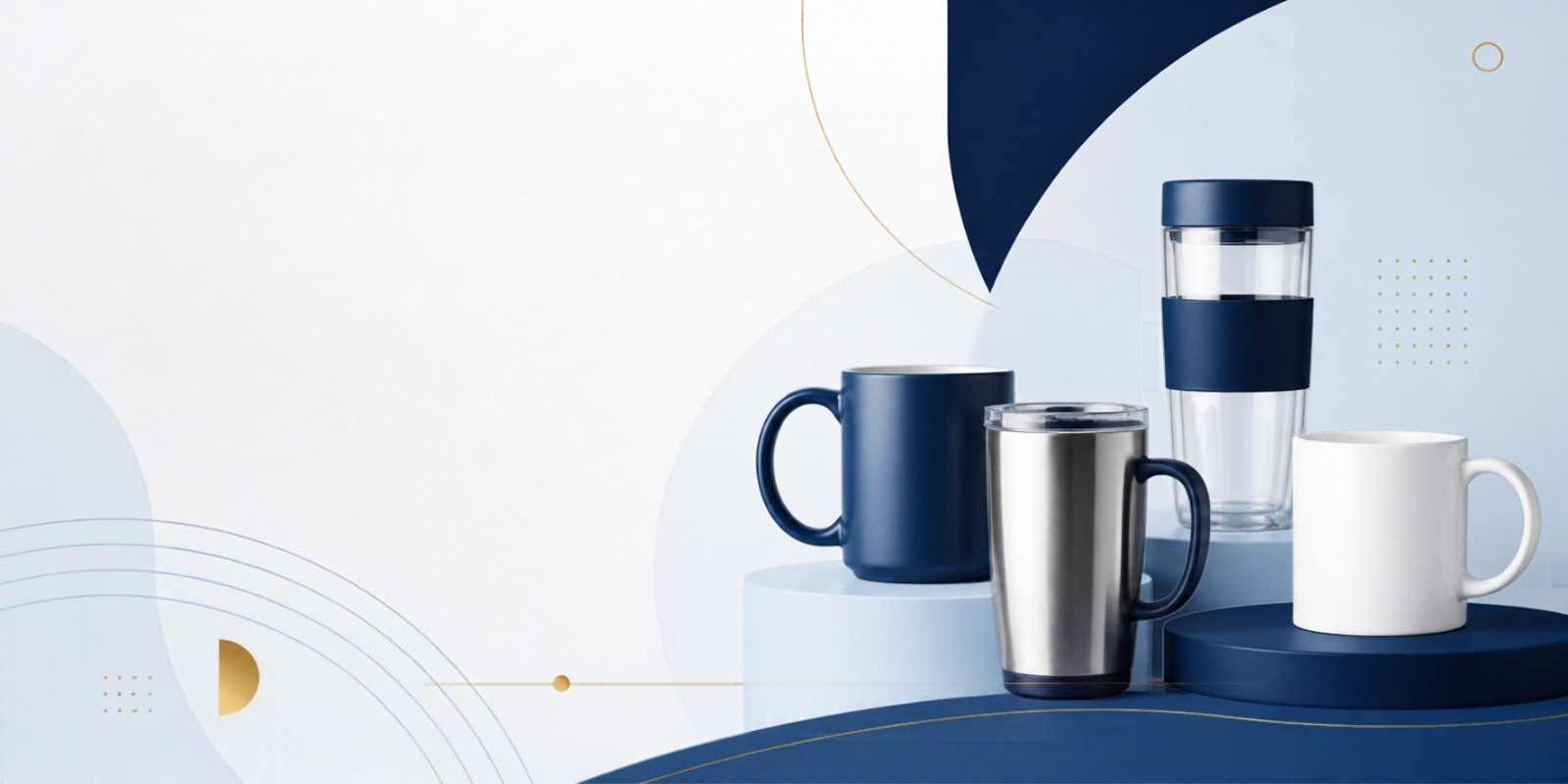 Canecas e copos personalizados para brindes corporativos, em tons de azul e branco
