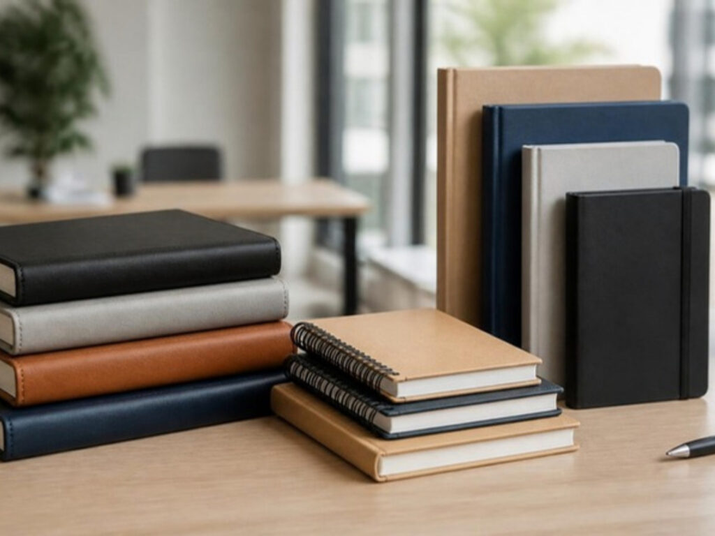 Blocos de notas e cadernos personalizados com capas em couro sintético empilhados sobre mesa de escritório