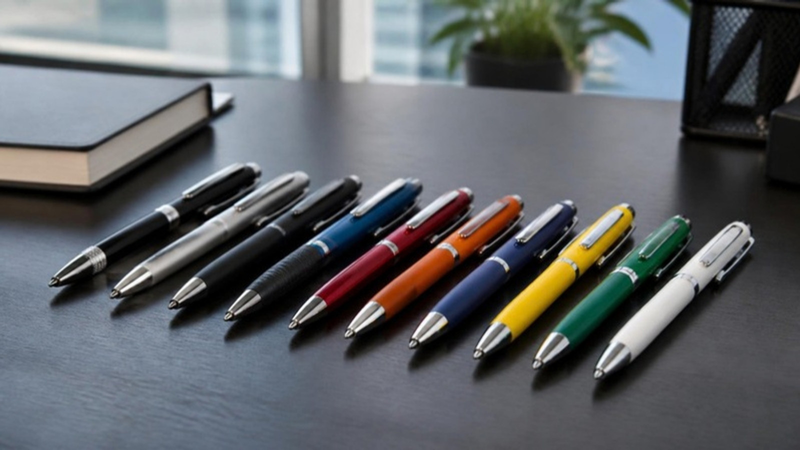 Canetas personalizadas coloridas organizadas sobre mesa de madeira escura, brinde corporativo