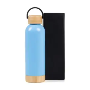 Garrafa Parede Dupla com Detalhes em Bambu 500ml Personalizada Azul | Personalizado com Logo | Personizi
