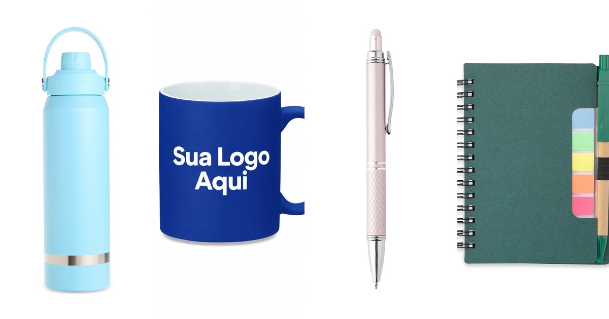 Kit de boas-vindas personalizado com garrafa térmica, caneca, caneta e bloco de notas para novos colaboradores